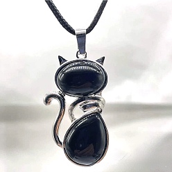 Black Onyx Collares con colgantes en forma de gato de aleación de ónix negro natural (teñido y tratado térmicamente), Platino, 23.62 pulgada (60 cm)