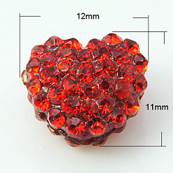 Красный Бусины со стразами из смолы, класс А, сердце, красные, 12x11x8 мм, отверстие : 2 мм