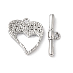 Real Platinum Plated Brass Micro Pave Clear Cubic Zirconia Toggle Clasps, Heart, Real Platinum Plated, Heart: 16x14x2mm, Hole: 1.4mm, Bar: 18.5x5x3mm, Hole: 1.4mm