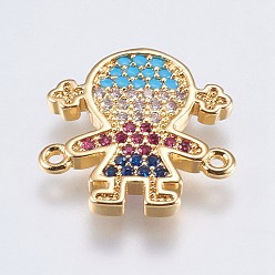 Golden Brass Micro Pave Cubic Zirconia Links, Girl, Colorful, Golden, 15.5x15x2mm, Hole: 1mm