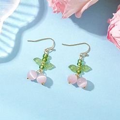 Розовый Глаза кота болтаться серьги, вишня, с прозрачным акрилидом и стеклом, золотые, туманная роза, 40.5x16.5 мм