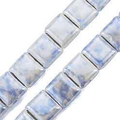 Cornflower Blue Handmade Porcelain Bead Strands, Famille Rose Style, Flat Hole Beads, Square, Cornflower Blue, 15x16~16.5x7mm, Hole: 2.5x11mm, about 20pcs/strand, 11.42 inch(29cm)