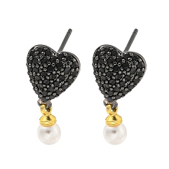 Black Rack Plating Brass Micro Pave Cubic Zirconia Stud Earring, Cadmium Free & Lead Free, Long-Lasting Plated, with ABS Imitation Pearl, Black, Black, 12x9mm