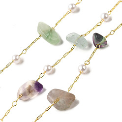Флюорит Цепочки из бисера ручной работы из натурального флюоритового бисера, пайки, с бусинами из АБС-пластика и фурнитурой из латуни с покрытием из стойки, долговечный, без свинца и без кадмия, с катушкой, реальный 18 k позолоченный, 5~10x3~6x2.5~6 мм