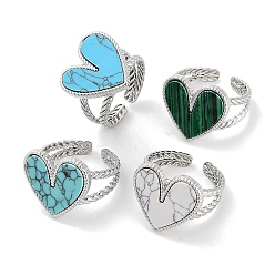 Смешанные камни 304 кольцо из нержавеющей стали, регулируемые кольца из смешанного синтетического камня, сердце, 18x17.5 мм, внутренний диаметр: регулируемый