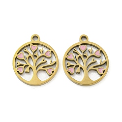 Pink Ионное покрытие (ip) 316l подвески из хирургической нержавеющей стали, без никеля , с эмалью, реальный 18 k позолоченный, древо жизни очарование, розовые, 17x15x1.5 мм, отверстие : 1.7 мм