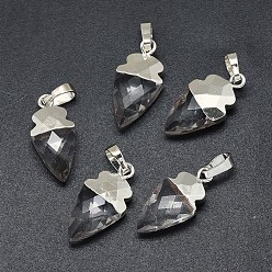 Хрусталь Природного кварца хрустальных подвесок, с длинными латунными накладками, граненые, наконечник, серебряный цвет гальваническим, 18.5x8~10x5 мм, отверстие : 3.5x5.5 мм