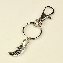 Antique Silver Tibetan Style Wing Keychain, with Iron Key Clasp Findings and Alloy Swivel Clasps, Antique Silver, 90mm
