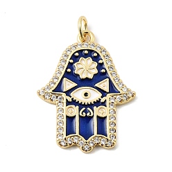 Настоящее золото 18K Латунные микропроволочные кубические циркониевые подвески из эмали, с целью перехода в кольце, hamsa hand charms, стойки покрытие, долговечный, без свинца и без кадмия, реальный 18 k позолоченный, 25.5x19.5x2.5 мм, отверстие : 3.5 мм