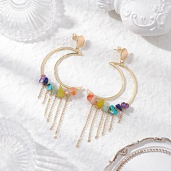 Золотой Серьги-гвоздики с подвесками из латуни в форме луны, с драгоценными камнями чип бисера, золотые, 106x47 мм