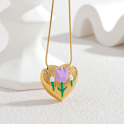 Цветок 304 Подвеска в виде сердца из нержавеющей стали с эмалью, круглая цепочка-змейка для женщин, золотые, сирень, цветок, 15.94 дюйм (40.5 см)