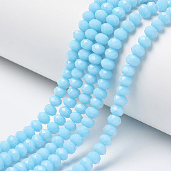 Cyan Perles de verre opaques de couleur unie, facette, rondelle, cyan, 6x5mm, Trou: 1mm, Environ 83~85 pcs/chapelet, 38~39 cm