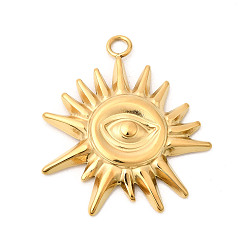 Настоящее золото 18K 304 подвески из нержавеющей стали, солнце с очарованием глаз, ионное покрытие (ip), ручная полировка, реальный 18 k позолоченный, 28x25x4 мм, отверстие : 2 мм