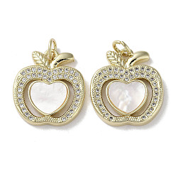Apple Brass Micro Pave Cubic Zirconia Pendants, Cadmium Free & Lead Free, with Shell, Real 18K Gold Plated, Apple, 19x16.5x3mm, Hole: 3mm