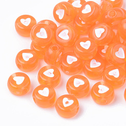 Темно-Оранжевый Прозрачные акриловые бусины, плоский круглый с белым сердцем, темно-оранжевый, 7x3.5 мм, отверстие : 1.8 мм, Около 3700 шт / 500 г