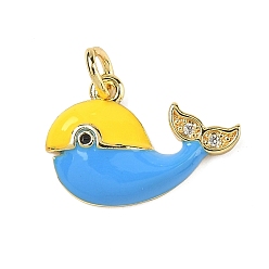 Темно-Голубой Латунные микропаве прозрачные подвески с фианитом, прелести кита, с эмалью, без свинца и без кадмия, стойки покрытие, долговечный, реальный 18 k позолоченный, с целью перехода в кольце, глубокое синее небо, 12.5x18x3 мм, отверстие : 3 мм