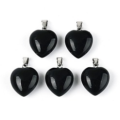 Обсидиан Природные подвески обсидиана, сердце прелести, с железной застежкой платинового цвета на дужках, 16~19x15~18x8~10.5 мм, отверстие : 5.5~6x2~2.5 мм