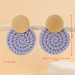 Плоский Круглый Серьги-гвоздики с подвесками из полимерной глины, сплава и дерева., золотые, сирень, плоско-круглые, 42x30 мм