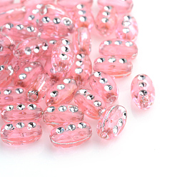 Pink Plating Transparent Acrylic Beads, Silver Metal Enlaced, Oval, Pink, 9.5x6x4.5mm, Hole: 1.5mm, about 3300pcs/500g