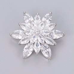 Прозрачный Латунные кнопки хвостовика, с кубического циркония, цветок, платина, прозрачные, 24.8x19 мм, отверстие : 1.2 мм