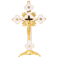 Blanc Statue de croix crucifix en alliage émaillé à caractère religieux, pour la décoration de bureau à domicile, or, blanc, 85x51.5x135mm