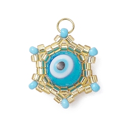 Светло-Голубой Подвески-звездочки из бисера, подвески из стеклянных бусин с узором ткацкого станка, с Lampwork, Кольца прыжок, Небесно-голубой, 17.5x15.5x8.5 мм, отверстие : 2.5 мм
