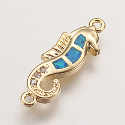Синий Соединители латунные звенья, С синтетическим опалом и кубическим цирконием, морской конек, золотые, синие, 19.5x6x2 мм, отверстие : 1 мм