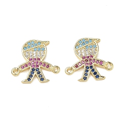Golden Brass Micro Pave Colorful Cubic Zirconia Connector Charms for Jewelry Making, Boy Links, Cadmium Free & Lead Free, Real 18K Gold Plated, Golden, 15x16x1.5mm, Hole: 1mm