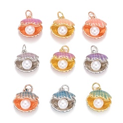 (52) Непрозрачная лаванда Эмаль подвески, с реечным покрытием из настоящей позолоченной латуни 18k, с прыжковых колец, долговечный, без свинца, без кадмии и без никеля, ракушка и жемчуг, разноцветные, 16.5x14.5x8.8 мм, Перейти кольцо: 5x0.7 мм, 3.5 мм внутренним диаметром