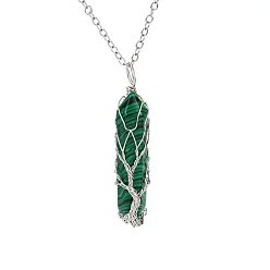 Малахит Синтетический малахит, двойной наконечник, заостренная ограненная пуля, подвеска в виде дерева жизни, обмотанная медной проволокой, цепочка из сплава, серебряный цвет гальваническим, 20.87 дюйм (53 см)