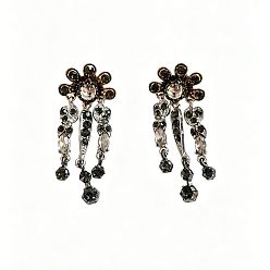 Golden Alloy & Jet Rhinestone Stud Dangle Earrings, Flower, Golden, 55x22mm