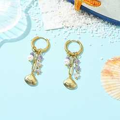 Shell Shape Звезда 304 серьги-кольца из нержавеющей стали, Серьги с латунной фурнитурой, натуральным малазийским нефритом и жемчугом из раковин., формы раковины, 60.5x15.5 мм