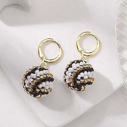 Black Handmade MIYUKI Japanese Seed Braided Round Ball Dangle Leverback Earrings, Real 18K Gold Plated Brass Jewelry for Women, Black, 31.5~32mm, Pin: 1mm