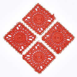 Красный Поликоттон (полиэстер хлопок) тканые подвесные украшения, с латунной фурнитурой , квадрат с плоской раунде, золотой свет, красные, 30x30x1 мм