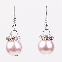 Pink Стеклянные жемчужные бусы мотаться серьги, распорными бисером горный хрусталь латунные и медные серьги крюков, серебряный цвет гальваническим, розовые, 35 мм