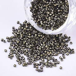 Dark Goldenrod Electroplate Glass Cylinder Beads, Seed Beads, Frosted, Metallic Colours, Round Hole, Dark Goldenrod, 1.5~2x1~2mm, Hole: 0.8mm, about 8000pcs/bag, about 85~95g/bag