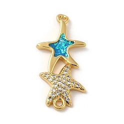 Real 18K Gold Plated Rack Plating Brass Micro Pave Clear Cubic Zirconia Connector Charms, Star Links with Synthetic Opal, Lead Free & Cadmium Free, Long-Lasting Plated, Real 18K Gold Plated, 28.5x13.5x3.1mm, Hole: 1.4mm