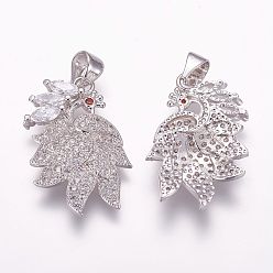 Платина Латунные микро проложить кубического циркония подвески, павлин, платина, 23.5x15x4 мм, отверстие : 3.5x5 мм