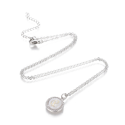 Letter P Brass Initial Pendant Necklaces, with Shell, Cubic Zirconia and 304 Stainless Steel Cable Chains, Flat Round with Letter, Letter.P, 17.5 inch(44.5cm), 1.5mm