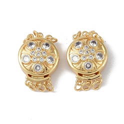 Real 18K Gold Plated Rack Plating Brass Micro Pave Clear Cubic Zirconia Box Clasps, 3-Strand, 6-Hole, Flat Round with Flower Pattern, Real 18K Gold Plated, 21x15.5x8mm, Hole: 2.4mm