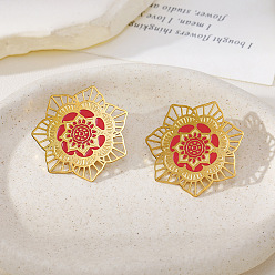 Flower 304 Stainless Steel Enamel Stud Earrings, Golden, Flower, 36x36mm
