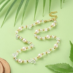 Белый Ожерелья из белых стеклянных бус, искусственного жемчуга и латунных бусин для женщин, с золотистым оттенком 304 концевая цепь из нержавеющей стали, белые, 16.54 дюйм (42 см)