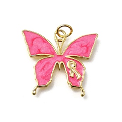 Бабочка Октябрь рак груди розовая лента осведомленности латунные эмалевые подвески, с целью перехода в кольце, реальный 18 k позолоченный, бабочка, 21x23.5x2 мм, отверстие : 3.5 мм