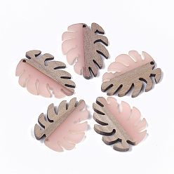 Pink Resin & Walnut Wood Pendants, Tropical Leaf Charms, Monstera Leaf, Pink, 37.5x30x3~3.5mm, Hole: 2mm