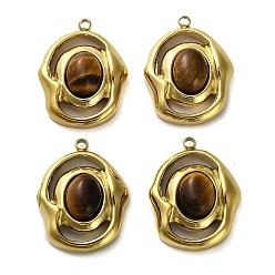 Тигровый глаз Природных тигровый глаз подвески, 304 из нержавеющей стали овальные амулеты, золотые, 20.5x16x6.5 мм, отверстие : 1.5 мм