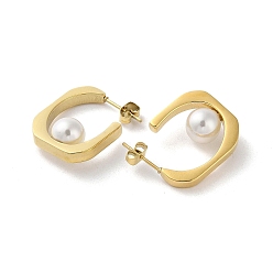 Golden Ion Plating(IP) 304 Stainless Steel Stud Earrings, with Glass Pearl, C-shape, Golden, 24x3mm