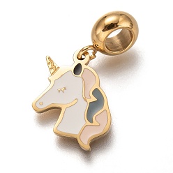 Разноцветный 304 подвесные европейские подвески из нержавеющей стали, Подвески с большими отверстиями, с эмалью, форма единорога, золотые, красочный, 26 мм, отверстие : 4.5 мм, Кулон : 17x12x1.5 мм
