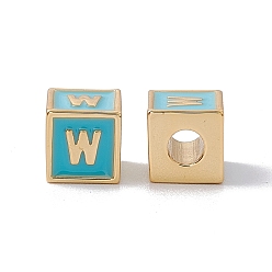 Letter W Стойки покрытие латунь эмаль бисер, без кадмия, без никеля и без свинца, реальный 18 k позолоченный, куб с письмом, голубой, буква.w, 6x6x6 мм, отверстие : 2.5 мм