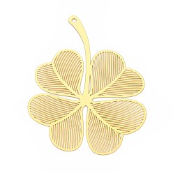 Настоящее золото 18K Латунные большие кулоны, Четыре листа клевера, гравированные металлические украшения, долговечный, без никеля , реальный 18 k позолоченный, 67x53x0.2 мм, отверстие : 2 мм