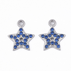 Sapphire 304 Stainless Steel Pendants, with Rhinestone, Star, Sapphire, 15.5x13x2mm, Hole: 2mm